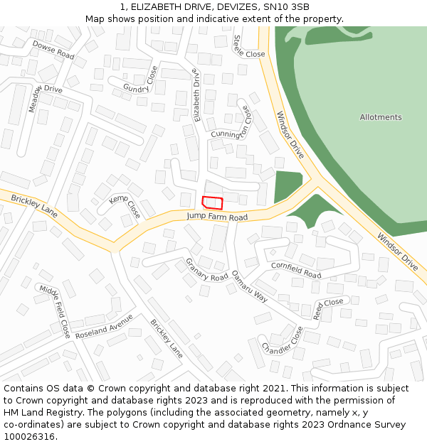 1, ELIZABETH DRIVE, DEVIZES, SN10 3SB: Location map and indicative extent of plot