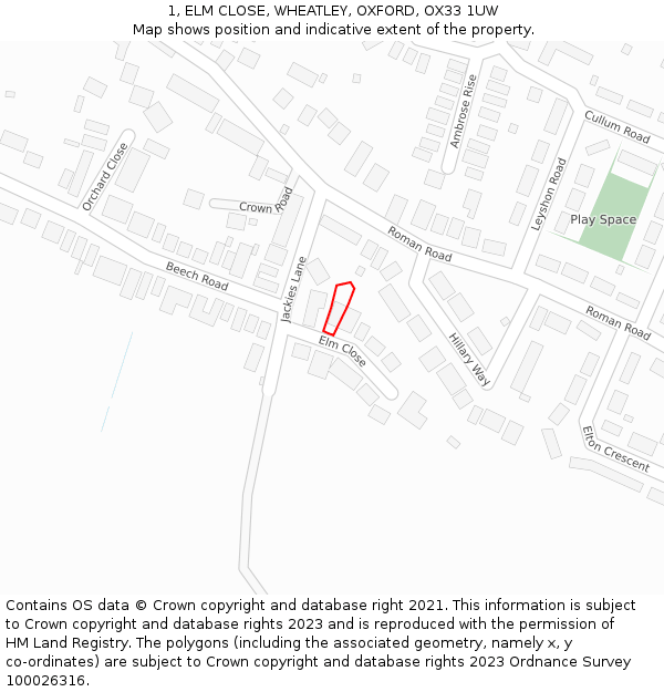 1, ELM CLOSE, WHEATLEY, OXFORD, OX33 1UW: Location map and indicative extent of plot