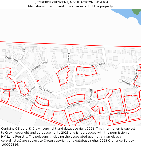 1, EMPEROR CRESCENT, NORTHAMPTON, NN4 9FA: Location map and indicative extent of plot