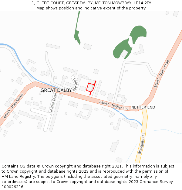 1, GLEBE COURT, GREAT DALBY, MELTON MOWBRAY, LE14 2FA: Location map and indicative extent of plot