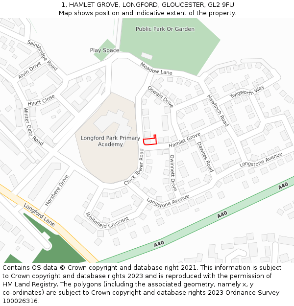 1, HAMLET GROVE, LONGFORD, GLOUCESTER, GL2 9FU: Location map and indicative extent of plot