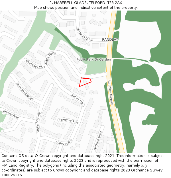 1, HAREBELL GLADE, TELFORD, TF3 2AX: Location map and indicative extent of plot