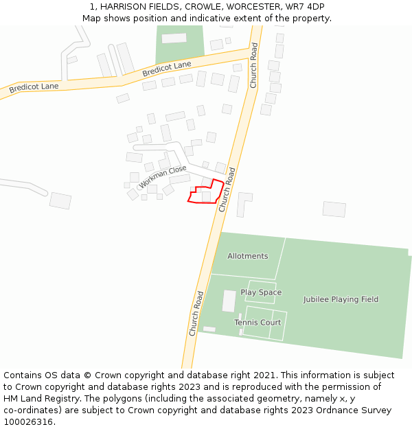 1, HARRISON FIELDS, CROWLE, WORCESTER, WR7 4DP: Location map and indicative extent of plot