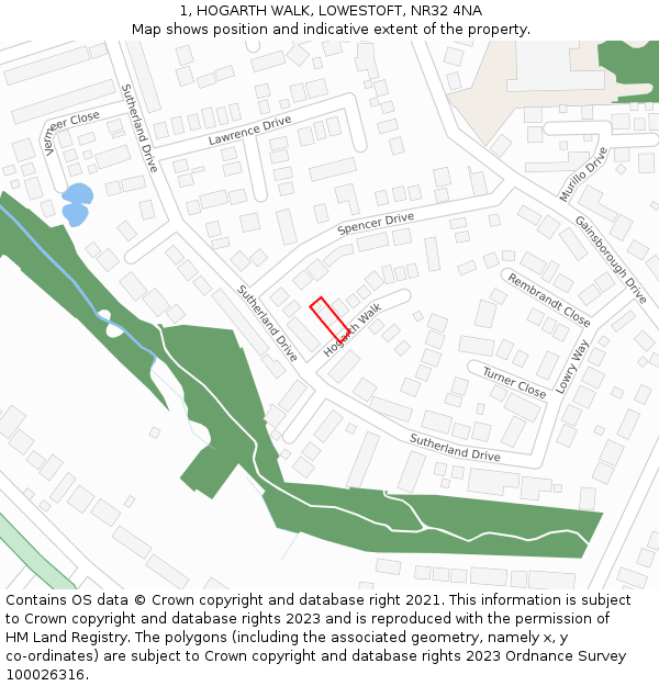 1, HOGARTH WALK, LOWESTOFT, NR32 4NA: Location map and indicative extent of plot