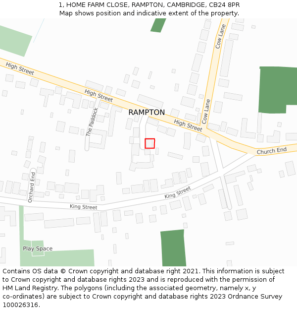 1, HOME FARM CLOSE, RAMPTON, CAMBRIDGE, CB24 8PR: Location map and indicative extent of plot