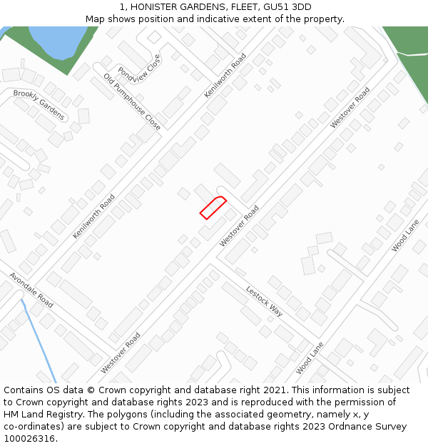 1, HONISTER GARDENS, FLEET, GU51 3DD: Location map and indicative extent of plot