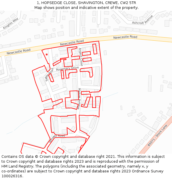 1, HOPSEDGE CLOSE, SHAVINGTON, CREWE, CW2 5TR: Location map and indicative extent of plot