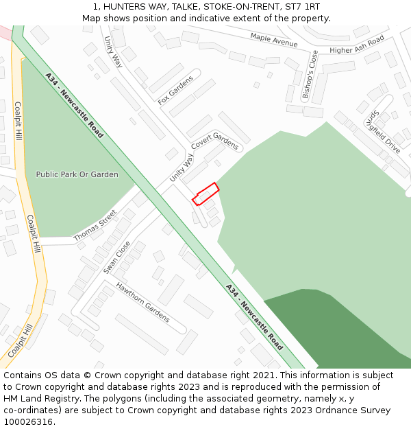 1, HUNTERS WAY, TALKE, STOKE-ON-TRENT, ST7 1RT: Location map and indicative extent of plot