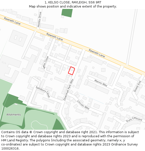 1, KELSO CLOSE, RAYLEIGH, SS6 9RT: Location map and indicative extent of plot