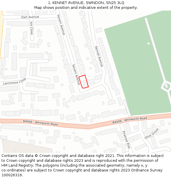 1, KENNET AVENUE, SWINDON, SN25 3LQ: Location map and indicative extent of plot