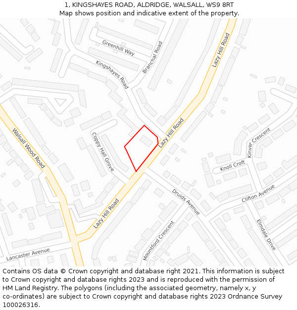 1, KINGSHAYES ROAD, ALDRIDGE, WALSALL, WS9 8RT: Location map and indicative extent of plot