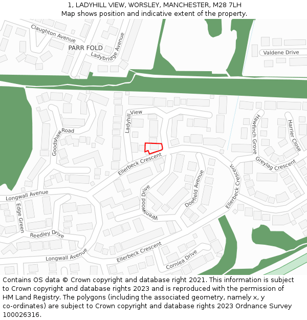 1, LADYHILL VIEW, WORSLEY, MANCHESTER, M28 7LH: Location map and indicative extent of plot