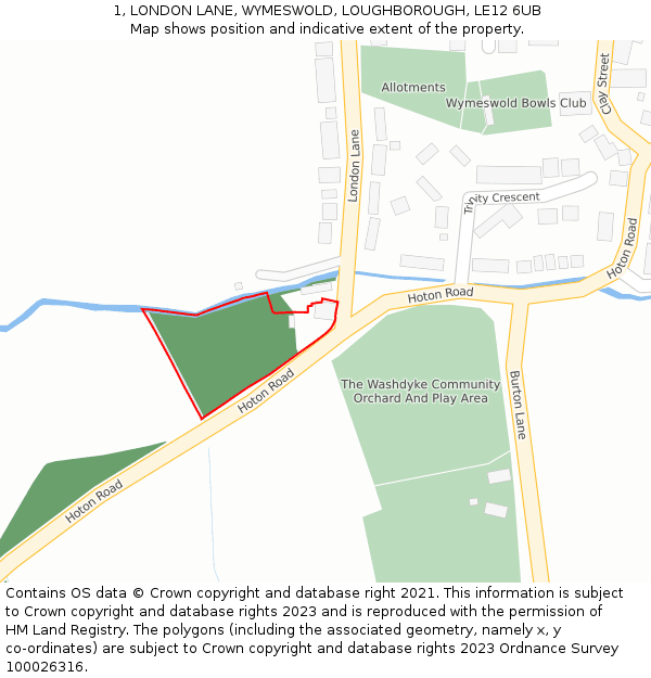 1, LONDON LANE, WYMESWOLD, LOUGHBOROUGH, LE12 6UB: Location map and indicative extent of plot