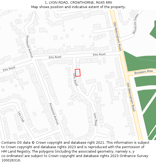 1, LYON ROAD, CROWTHORNE, RG45 6RX: Location map and indicative extent of plot