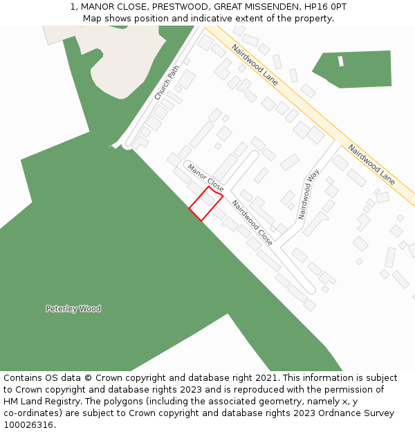 1, MANOR CLOSE, PRESTWOOD, GREAT MISSENDEN, HP16 0PT: Location map and indicative extent of plot