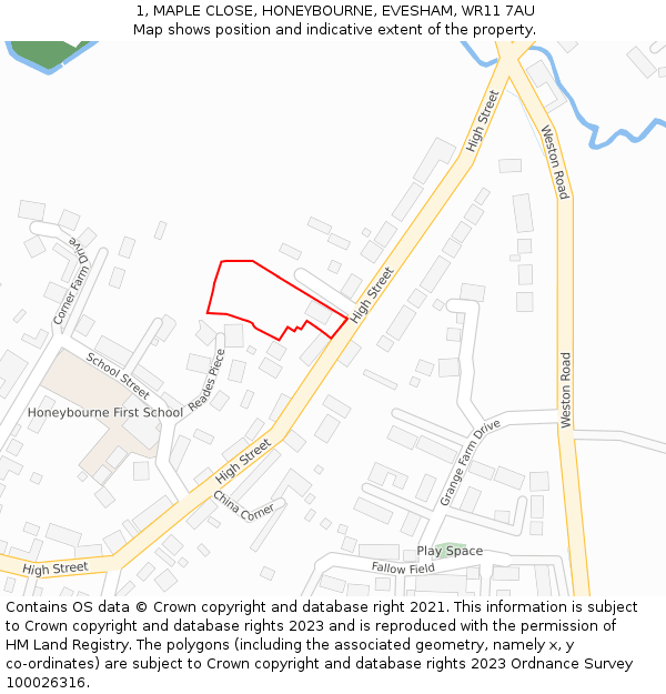 1, MAPLE CLOSE, HONEYBOURNE, EVESHAM, WR11 7AU: Location map and indicative extent of plot