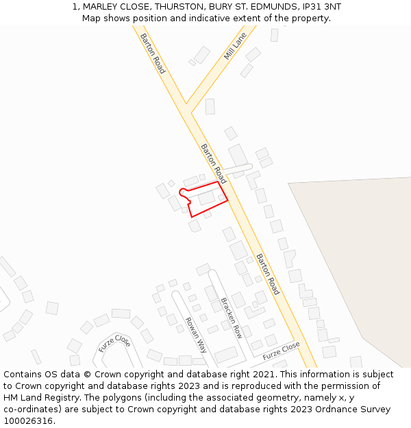 1, MARLEY CLOSE, THURSTON, BURY ST. EDMUNDS, IP31 3NT: Location map and indicative extent of plot