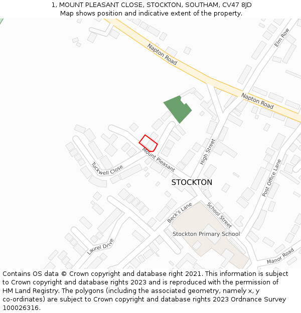 1, MOUNT PLEASANT CLOSE, STOCKTON, SOUTHAM, CV47 8JD: Location map and indicative extent of plot