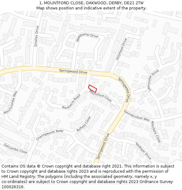 1, MOUNTFORD CLOSE, OAKWOOD, DERBY, DE21 2TW: Location map and indicative extent of plot