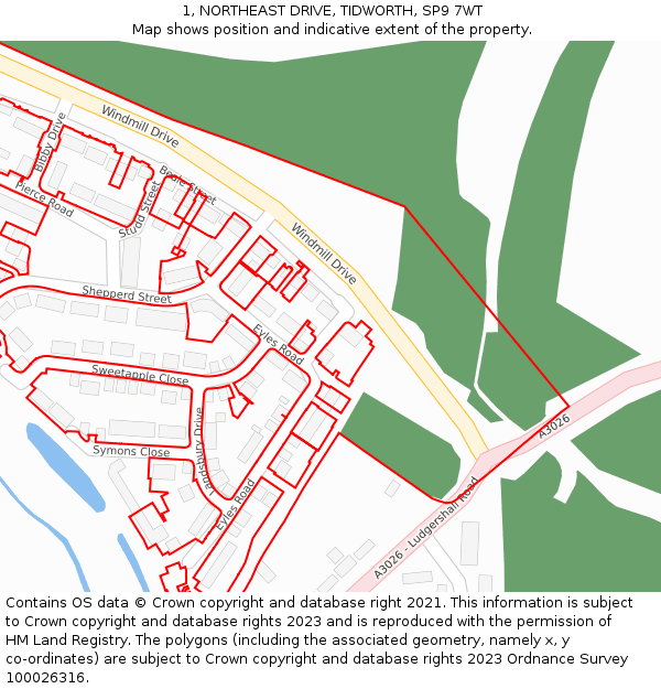 1, NORTHEAST DRIVE, TIDWORTH, SP9 7WT: Location map and indicative extent of plot