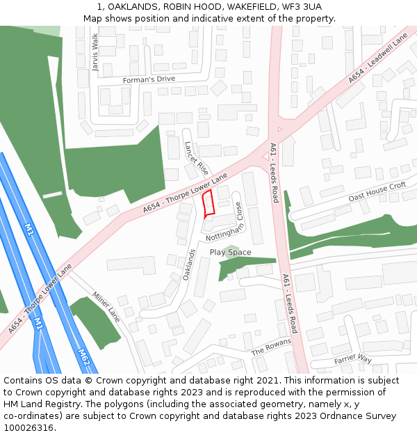 1, OAKLANDS, ROBIN HOOD, WAKEFIELD, WF3 3UA: Location map and indicative extent of plot