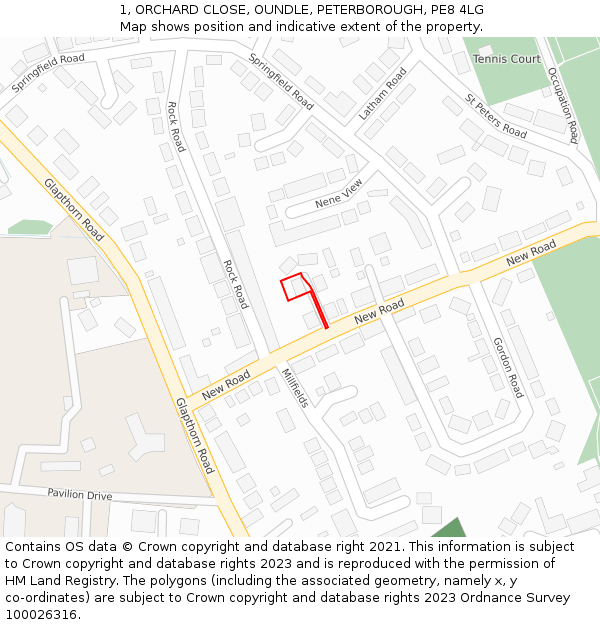 1, ORCHARD CLOSE, OUNDLE, PETERBOROUGH, PE8 4LG: Location map and indicative extent of plot