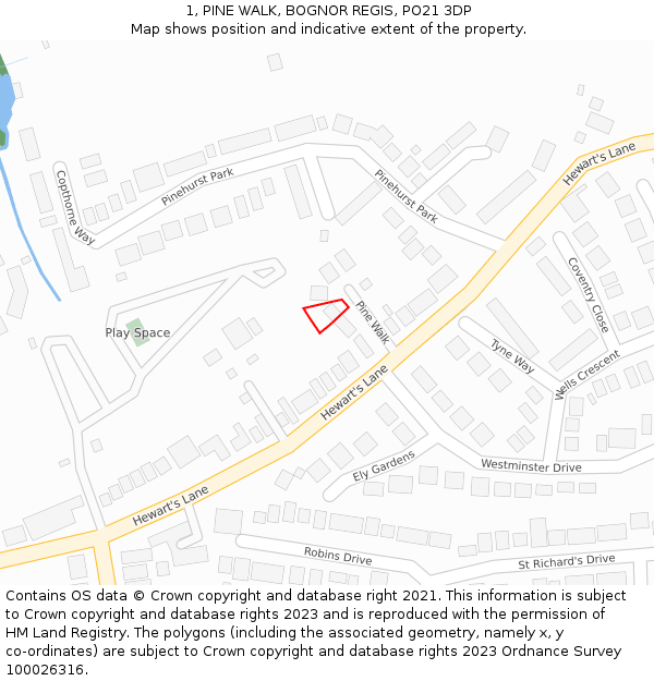 1, PINE WALK, BOGNOR REGIS, PO21 3DP: Location map and indicative extent of plot