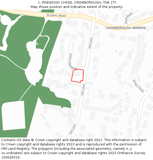 1, PINEWOOD CHASE, CROWBOROUGH, TN6 1TY: Location map and indicative extent of plot