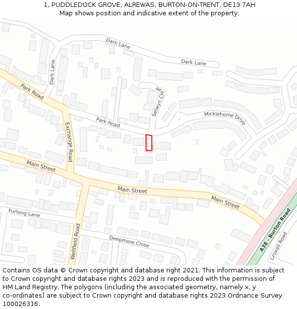 1, PUDDLEDOCK GROVE, ALREWAS, BURTON-ON-TRENT, DE13 7AH: Location map and indicative extent of plot