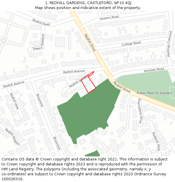 1, REDHILL GARDENS, CASTLEFORD, WF10 4QJ: Location map and indicative extent of plot