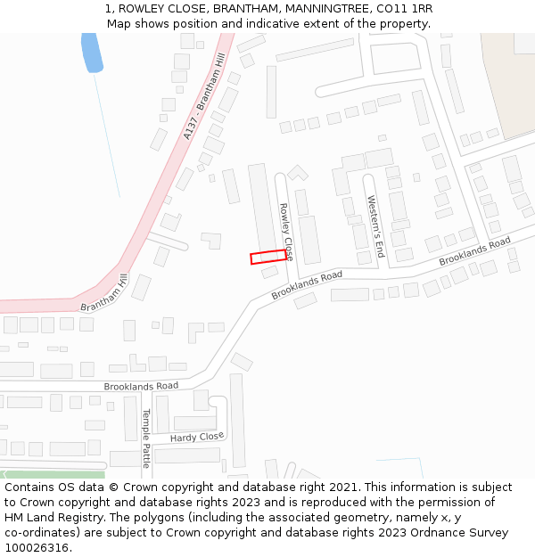 1, ROWLEY CLOSE, BRANTHAM, MANNINGTREE, CO11 1RR: Location map and indicative extent of plot