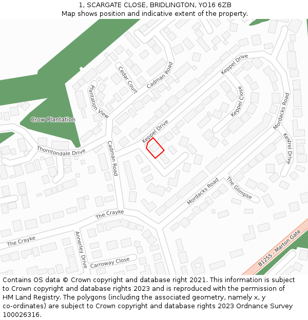 1, SCARGATE CLOSE, BRIDLINGTON, YO16 6ZB: Location map and indicative extent of plot