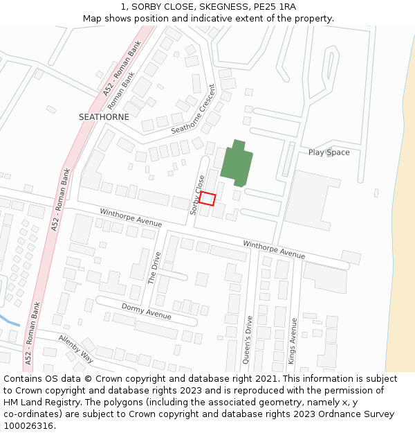 1, SORBY CLOSE, SKEGNESS, PE25 1RA: Location map and indicative extent of plot