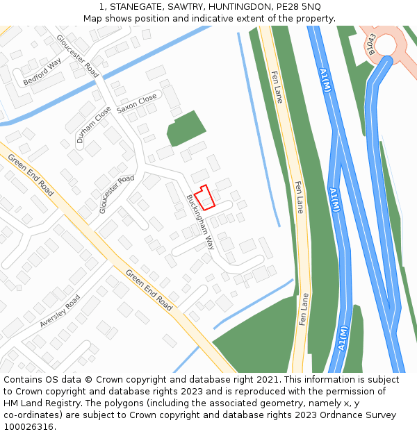 1, STANEGATE, SAWTRY, HUNTINGDON, PE28 5NQ: Location map and indicative extent of plot