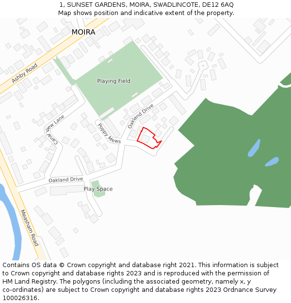 1, SUNSET GARDENS, MOIRA, SWADLINCOTE, DE12 6AQ: Location map and indicative extent of plot