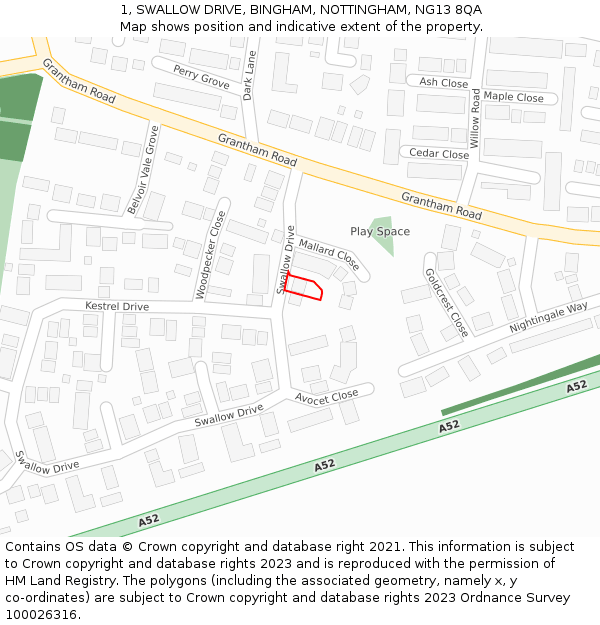 1, SWALLOW DRIVE, BINGHAM, NOTTINGHAM, NG13 8QA: Location map and indicative extent of plot