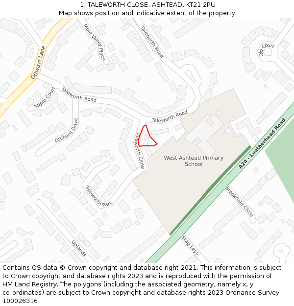 1, TALEWORTH CLOSE, ASHTEAD, KT21 2PU: Location map and indicative extent of plot