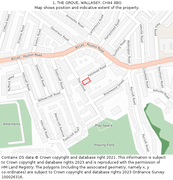 1, THE GROVE, WALLASEY, CH44 4BG: Location map and indicative extent of plot