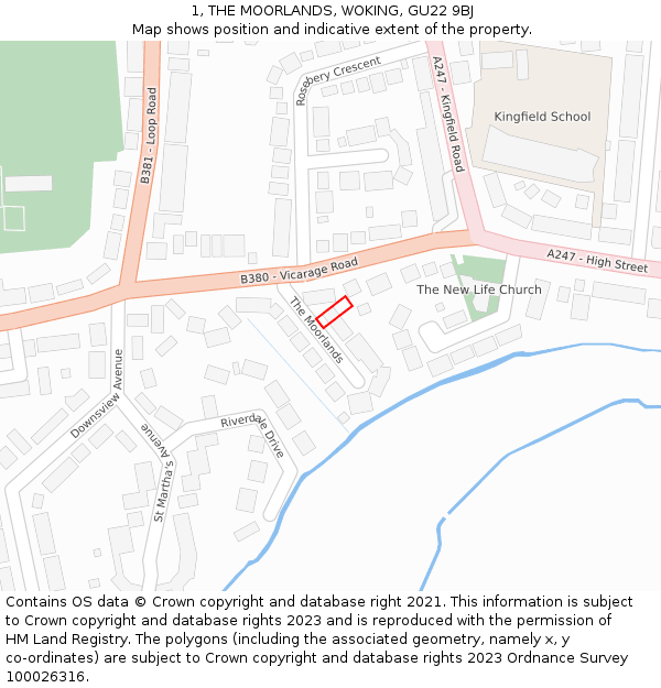 1, THE MOORLANDS, WOKING, GU22 9BJ: Location map and indicative extent of plot