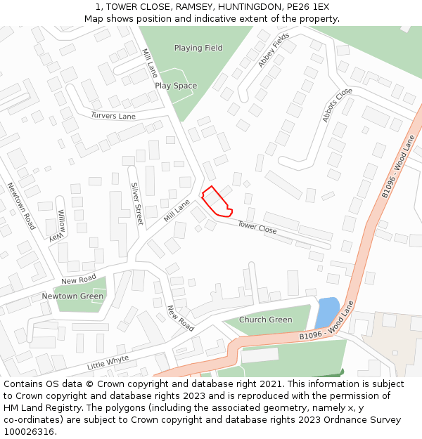 1, TOWER CLOSE, RAMSEY, HUNTINGDON, PE26 1EX: Location map and indicative extent of plot