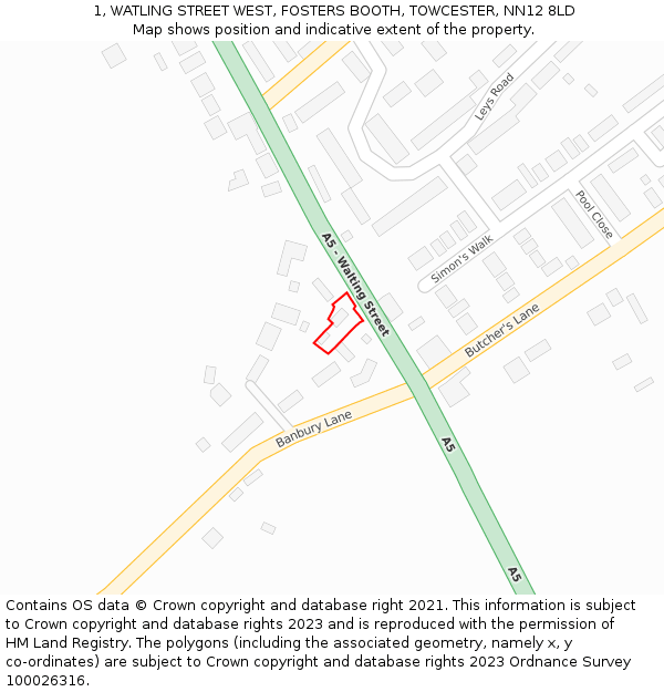 1, WATLING STREET WEST, FOSTERS BOOTH, TOWCESTER, NN12 8LD: Location map and indicative extent of plot