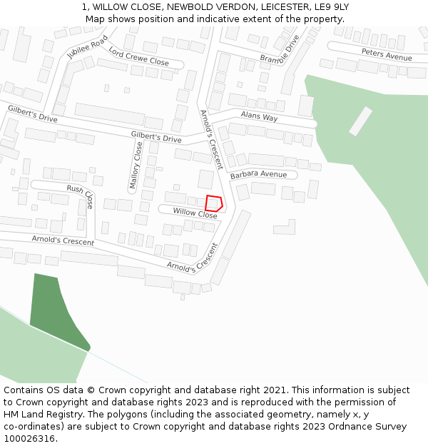 1, WILLOW CLOSE, NEWBOLD VERDON, LEICESTER, LE9 9LY: Location map and indicative extent of plot