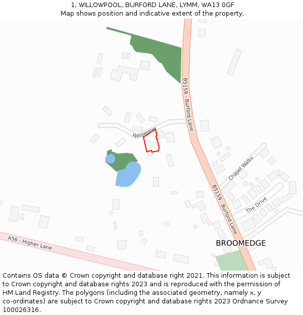 1, WILLOWPOOL, BURFORD LANE, LYMM, WA13 0GF: Location map and indicative extent of plot