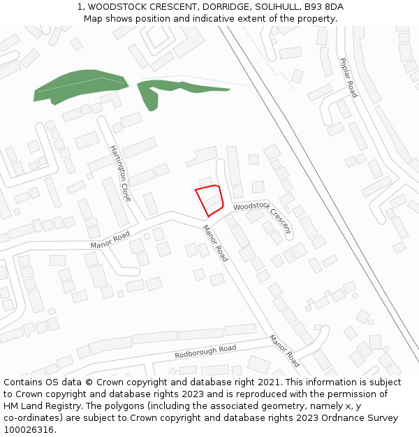 1, WOODSTOCK CRESCENT, DORRIDGE, SOLIHULL, B93 8DA: Location map and indicative extent of plot