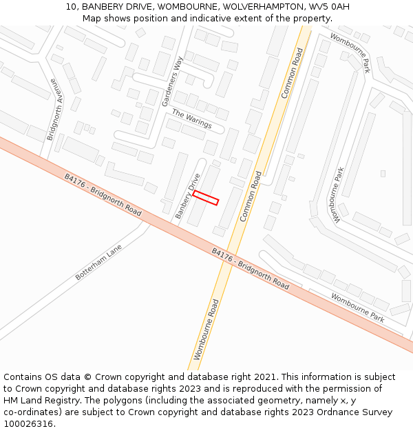 10, BANBERY DRIVE, WOMBOURNE, WOLVERHAMPTON, WV5 0AH: Location map and indicative extent of plot