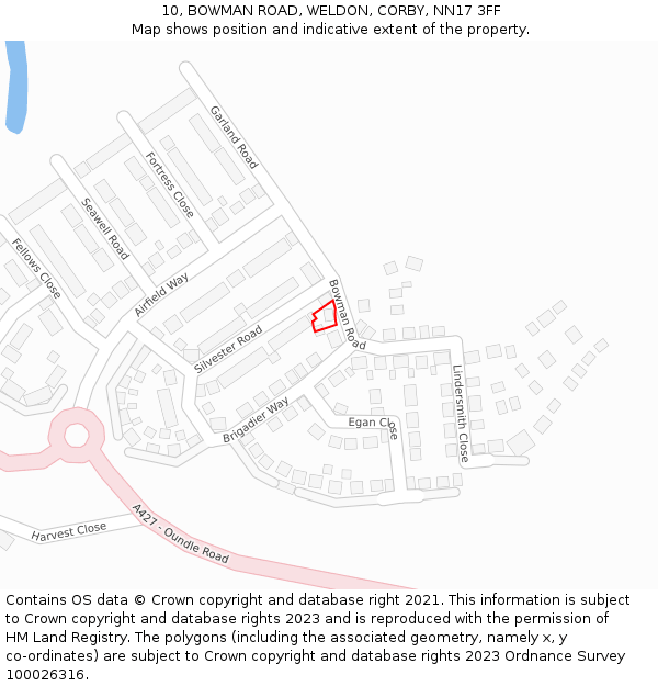 10, BOWMAN ROAD, WELDON, CORBY, NN17 3FF: Location map and indicative extent of plot