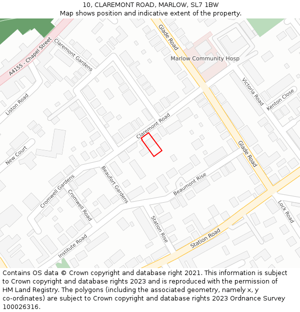 10, CLAREMONT ROAD, MARLOW, SL7 1BW: Location map and indicative extent of plot