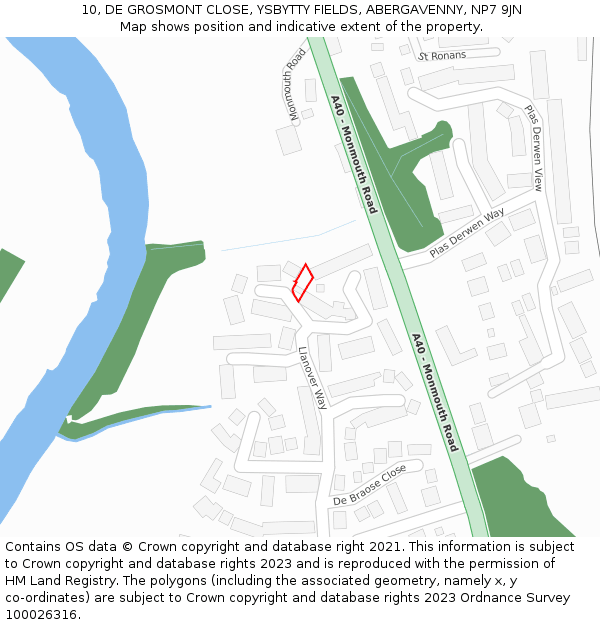 10, DE GROSMONT CLOSE, YSBYTTY FIELDS, ABERGAVENNY, NP7 9JN: Location map and indicative extent of plot