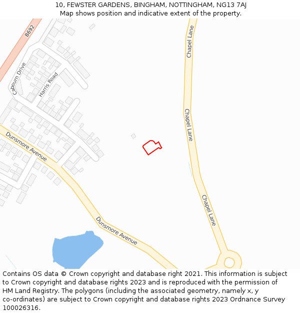 10, FEWSTER GARDENS, BINGHAM, NOTTINGHAM, NG13 7AJ: Location map and indicative extent of plot