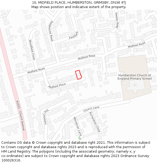 10, MIDFIELD PLACE, HUMBERSTON, GRIMSBY, DN36 4TJ: Location map and indicative extent of plot